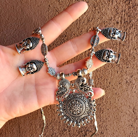 New Oversized Buddha Heads 925 Silver Tribal Necklace. - Picture 5 of 15
